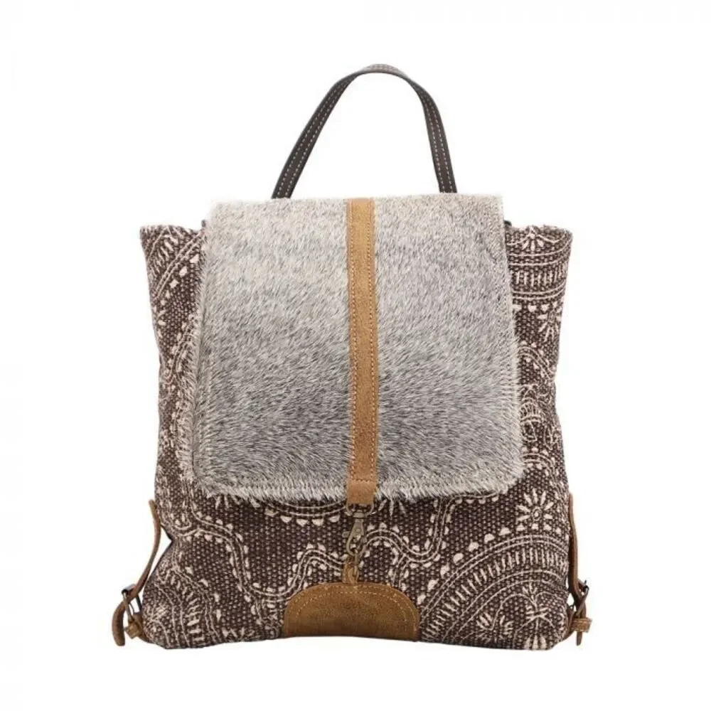 Myra Bag Handmade Stygian Backpack Upcycled Canvas & Cowhide Leather